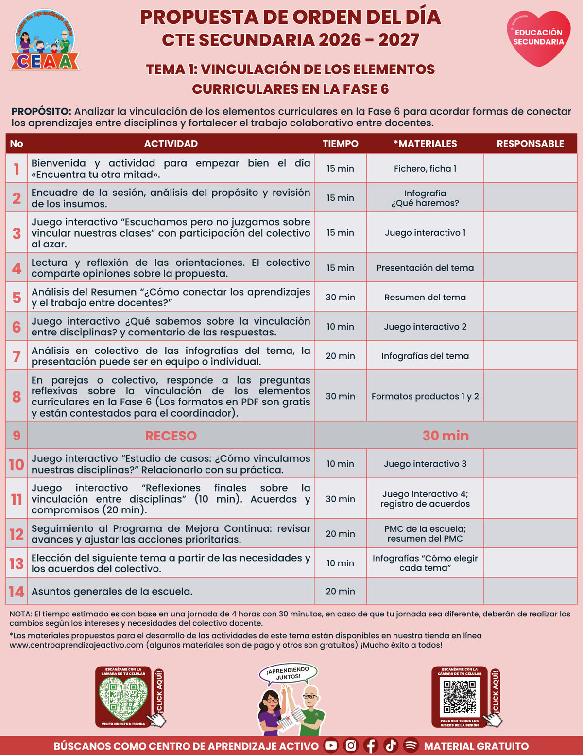 Vista previa de la propuesta de orden del día CTE 2026-2027 en PDF gratuito: Vinculación curricular en la Fase 6, Secundaria, tema 1.
