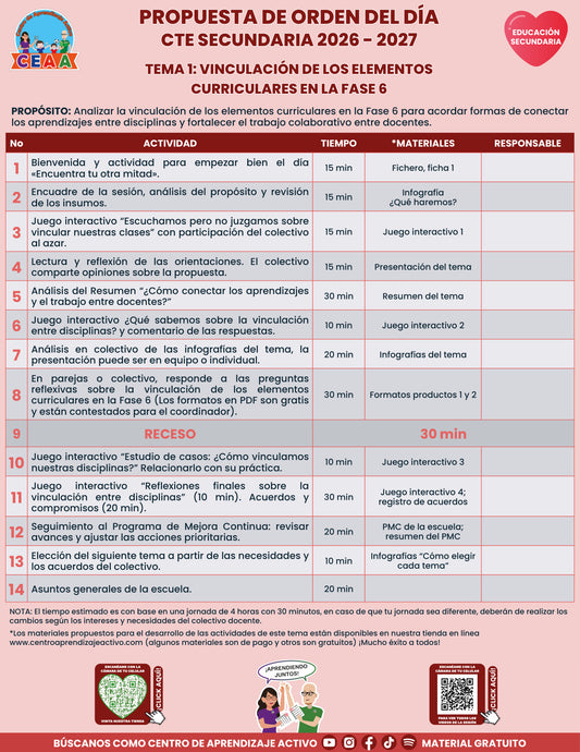 Vista previa de la propuesta de orden del día CTE 2026-2027 en PDF gratuito: Vinculación curricular en la Fase 6, Secundaria, tema 1.