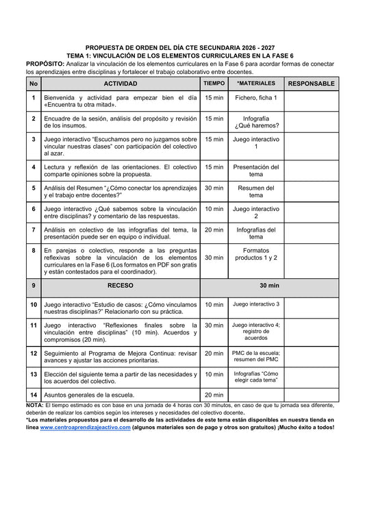 Vista previa de la propuesta de orden del día CTE 2026-2027 en Word editable: Vinculación curricular en la Fase 6, Secundaria, tema 1.