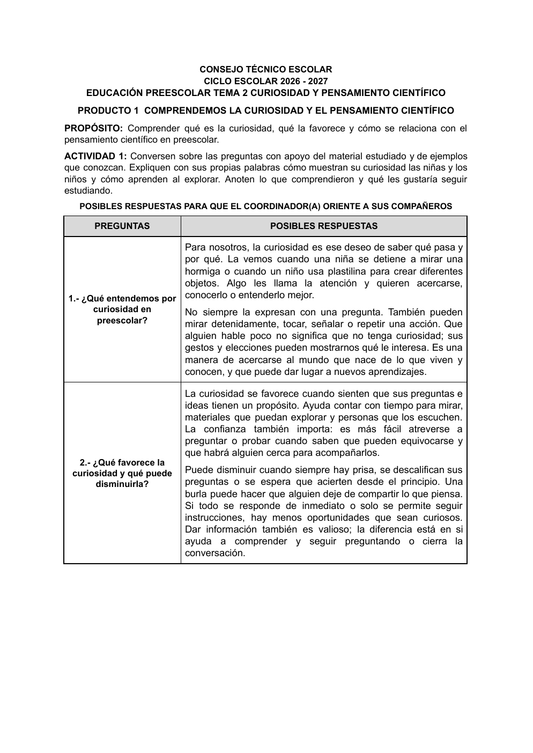 Preescolar Tema 2 Curiosidad y pensamiento científico: producto 1 contestado sobre qué es la curiosidad y qué puede favorecerla o disminuirla.