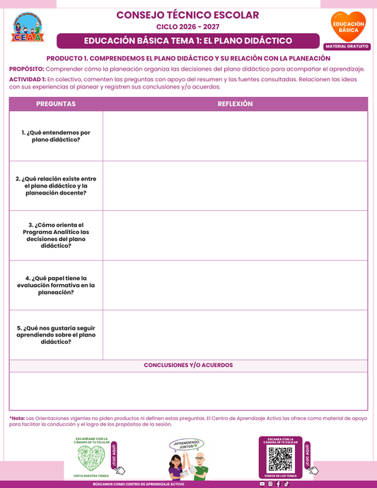 Formato en blanco del Tema 1 El plano didáctico, CTE 2026-2027 Educación Básica: cinco preguntas, conclusiones y acuerdos.