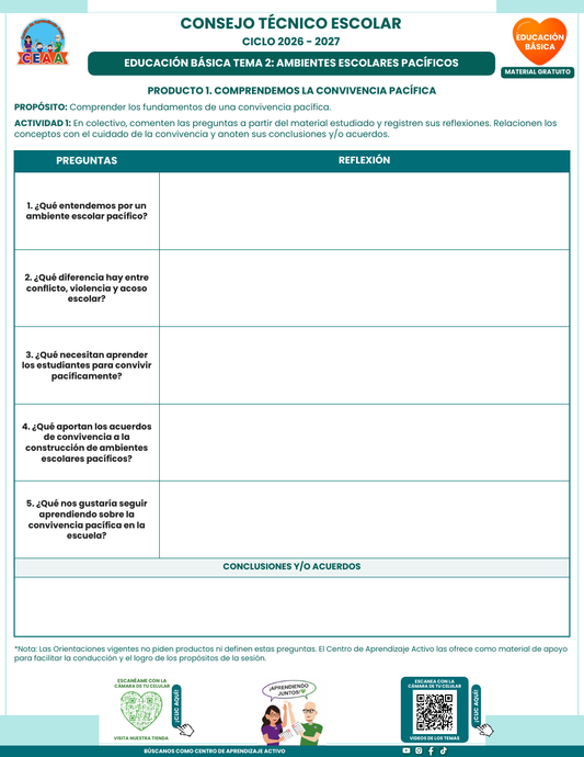 Formato en blanco del Tema 2 Ambientes escolares pacíficos, CTE 2026-2027 Educación Básica: cinco preguntas y acuerdos.