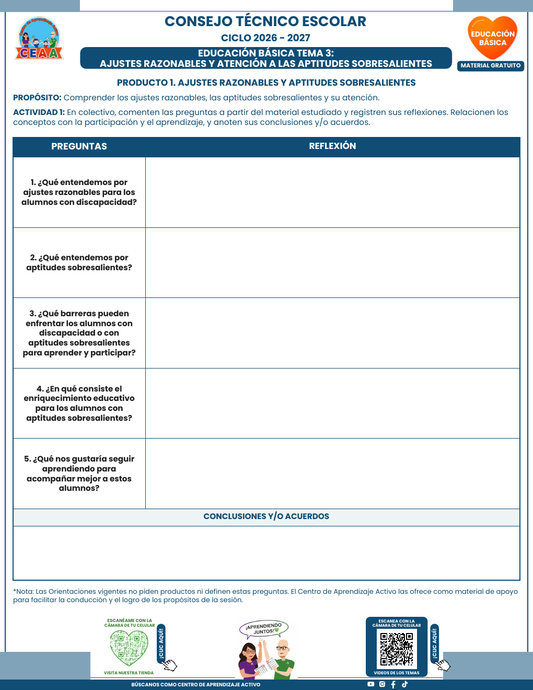 Formato en blanco del Tema 3 Ajustes razonables y aptitudes sobresalientes, PDF gratuito para el CTE 2026-2027 de Educación Básica.