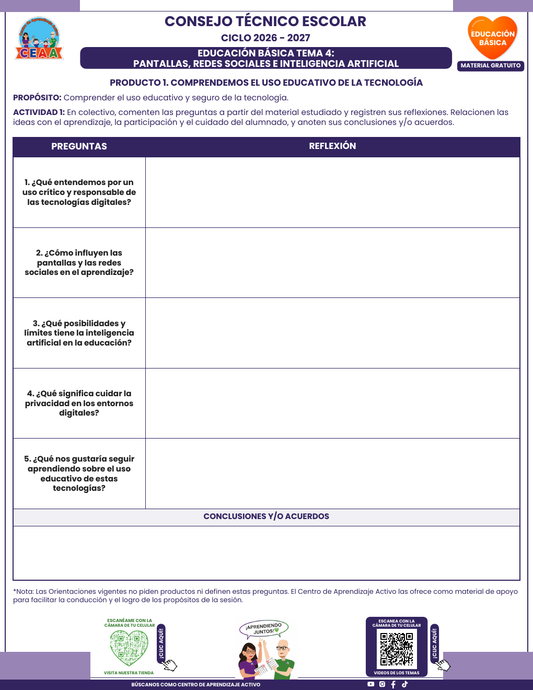 Formato en blanco del Tema 4 Pantallas, redes sociales e inteligencia artificial, PDF gratuito CTE 2026-2027 Educación Básica.