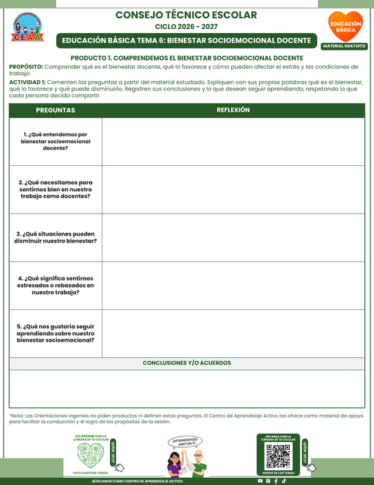 Formato en blanco del Tema 6 Bienestar socioemocional docente, CTE 2026-2027 Educación Básica: cinco preguntas y espacio para acuerdos.