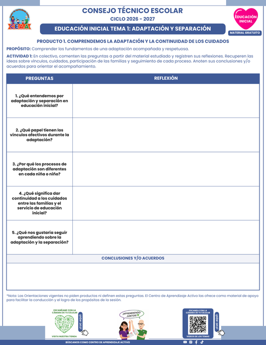 Formato en blanco del Tema 1 Adaptación y separación, CTE 2026-2027 Educación Inicial: cinco preguntas y espacio para acuerdos.