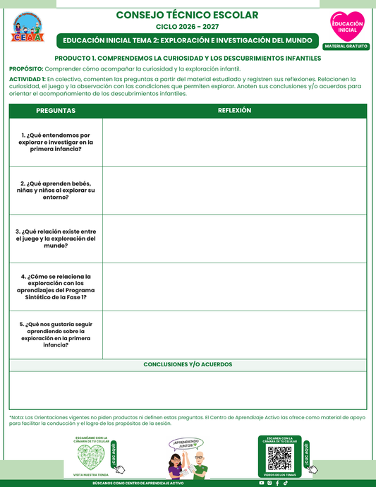 Formato en blanco del Tema 2 Exploración e investigación del mundo, CTE 2026-2027 Educación Inicial: cinco preguntas y espacio para acuerdos.