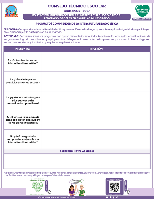 Formato en blanco del Tema 2 Interculturalidad crítica, lenguas y saberes, CTE 2026-2027 Multigrado: cinco preguntas y acuerdos.