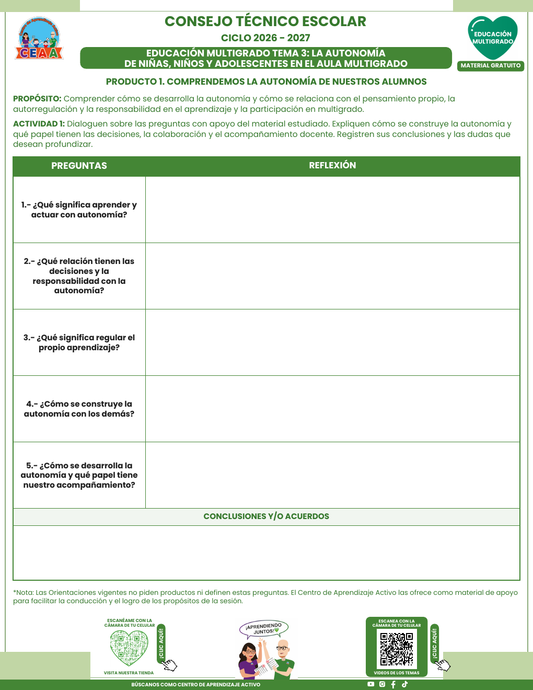 Formato en blanco del Tema 3 La autonomía de niñas, niños y adolescentes, CTE 2026-2027 Multigrado: cinco preguntas y acuerdos.