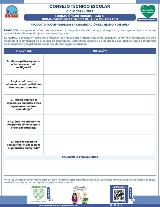 Formato en blanco del Tema 4 Organización del tiempo y del aula, CTE 2026-2027 Multigrado: cinco preguntas y espacio para acuerdos.