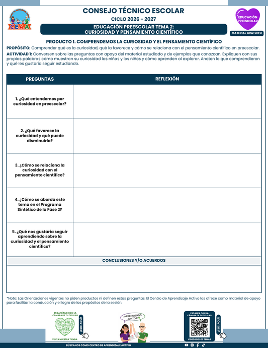 Formato en blanco del Producto 1 Comprendemos la curiosidad y el pensamiento científico, CTE 2026-2027 Preescolar: cinco preguntas y acuerdos.