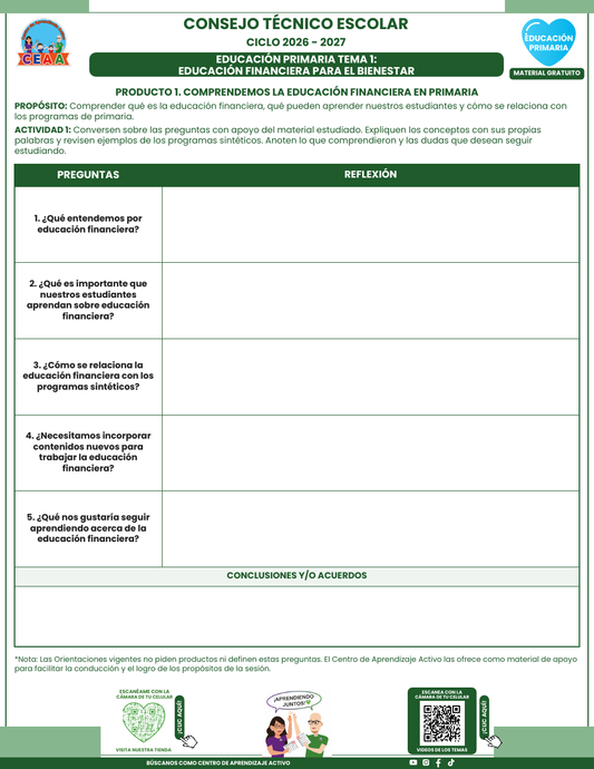 Formato en blanco del Tema 1 Educación financiera para el bienestar, CTE 2026-2027 Primaria: cinco preguntas y espacio para conclusiones y acuerdos.