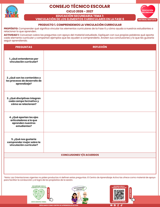 Formato en blanco del Tema 1 Vinculación de los elementos curriculares en la Fase 6, CTE 2026-2027 Secundaria: cinco preguntas y acuerdos.