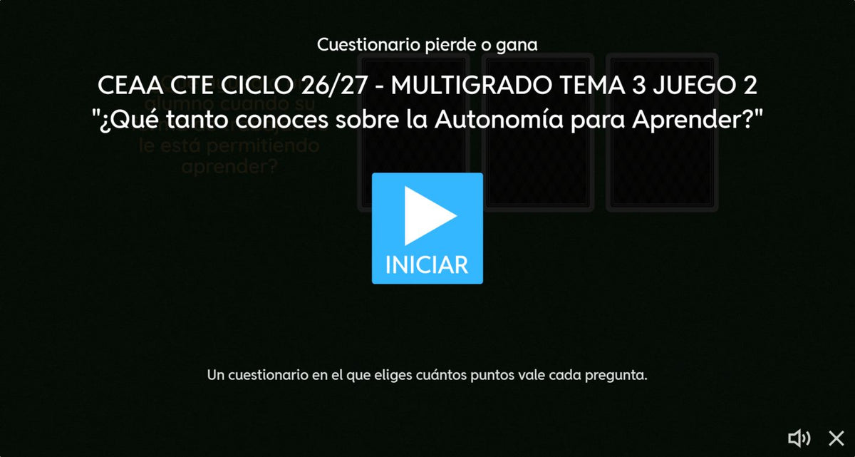 Pantalla de inicio del juego 2 de Multigrado, tema 3: ¿Qué tanto conoces sobre la Autonomía para Aprender? Cuestionario pierde o gana.
