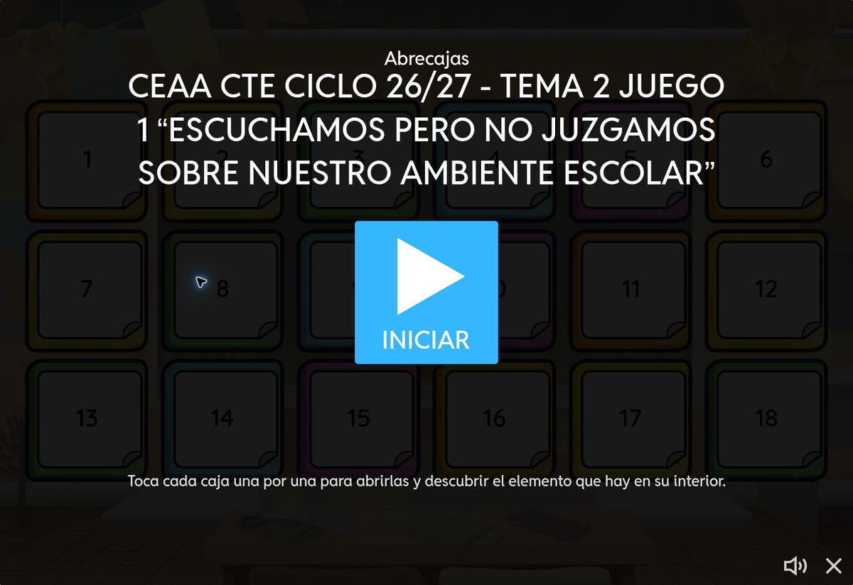 Juego 1, tema 2 de Educación Básica, CTE 2026-2027: pantalla de inicio sobre ambientes escolares pacíficos.