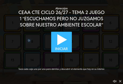 Juego 1, tema 2 de Educación Básica, CTE 2026-2027: pantalla de inicio sobre ambientes escolares pacíficos.