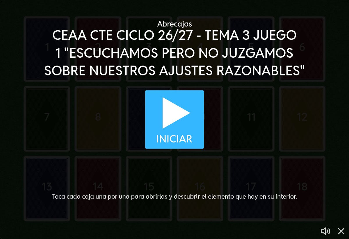Juego 1, tema 3 de Educación Básica, CTE 2026-2027: pantalla de inicio sobre ajustes razonables y aptitudes sobresalientes.
