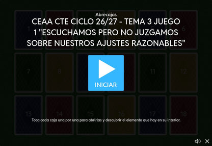 Juego 1, tema 3 de Educación Básica, CTE 2026-2027: pantalla de inicio sobre ajustes razonables y aptitudes sobresalientes.