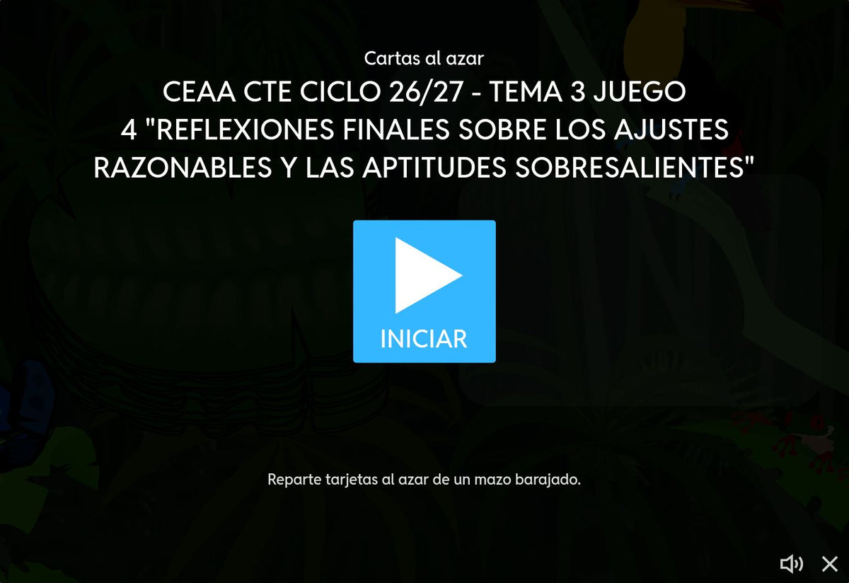 Juego 4, tema 3 de Educación Básica, CTE 2026-2027: pantalla de inicio sobre ajustes razonables y aptitudes sobresalientes.