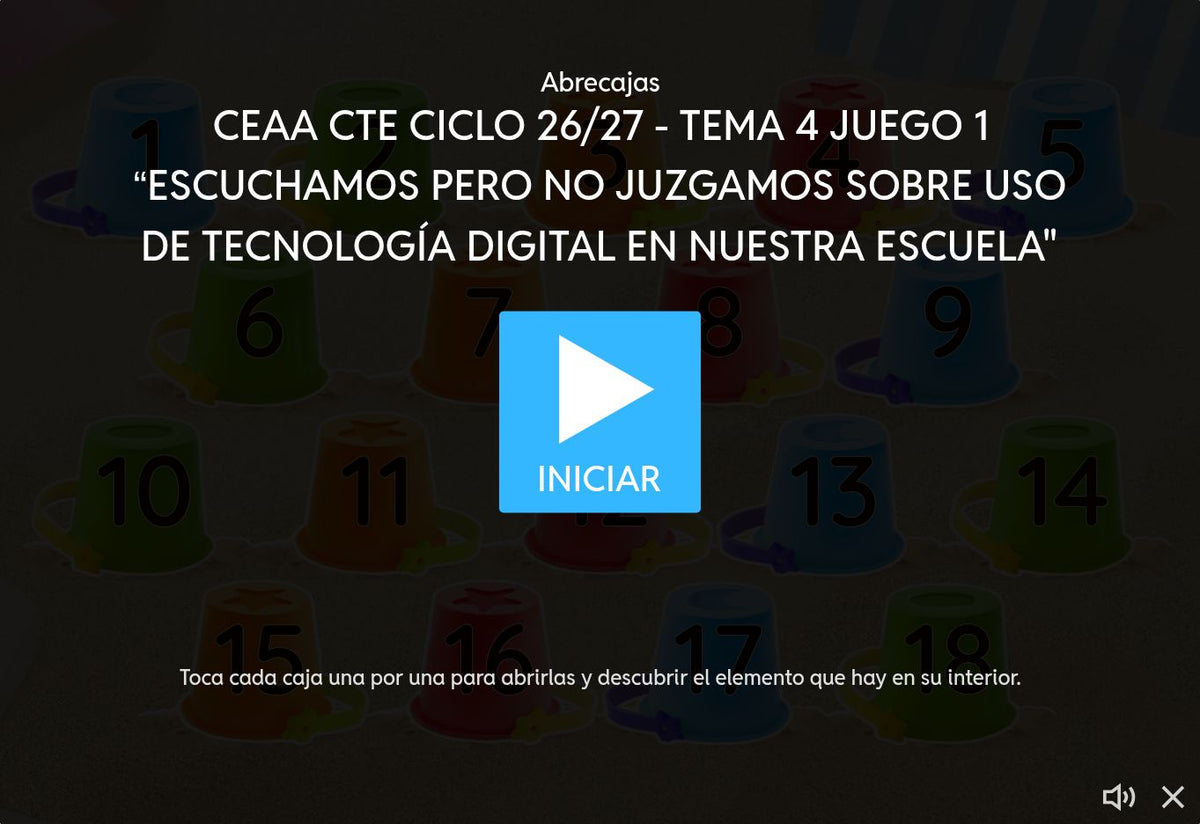 Juego 1, tema 4 de Educación Básica, CTE 2026-2027: pantalla de inicio sobre uso de tecnología digital en la escuela.