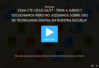 Juego 1, tema 4 de Educación Básica, CTE 2026-2027: pantalla de inicio sobre uso de tecnología digital en la escuela.