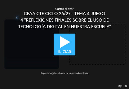 Juego 4, tema 4 de Educación Básica, CTE 2026-2027: pantalla de inicio sobre uso de tecnología digital en la escuela.