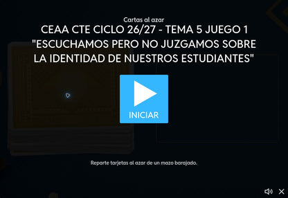 Juego 1, tema 5 de Educación Básica, CTE 2026-2027: pantalla de inicio sobre inclusión de las infancias y adolescencias trans y no binarias.