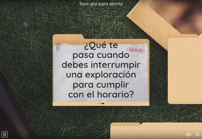 Pregunta de la actividad interactiva del juego 1, tema 2 de Educación Inicial: Escuchamos pero no juzgamos sobre la exploración. CTE 2026-2027