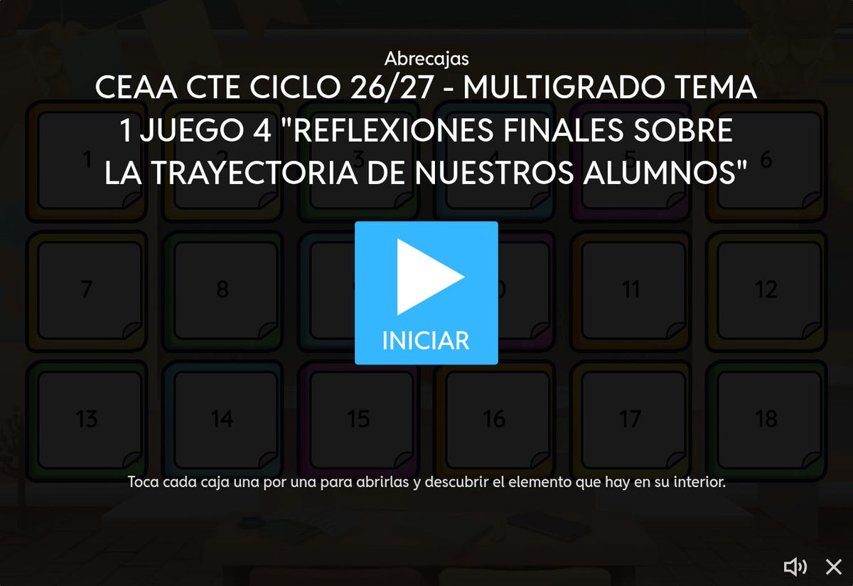 Juego 4 de Multigrado Tema 1: trayectoria de nuestros alumnos. Pantalla de inicio en Wordwall con 18 cajas y botón INICIAR.