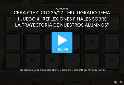 Juego 4 de Multigrado Tema 1: trayectoria de nuestros alumnos. Pantalla de inicio en Wordwall con 18 cajas y botón INICIAR.