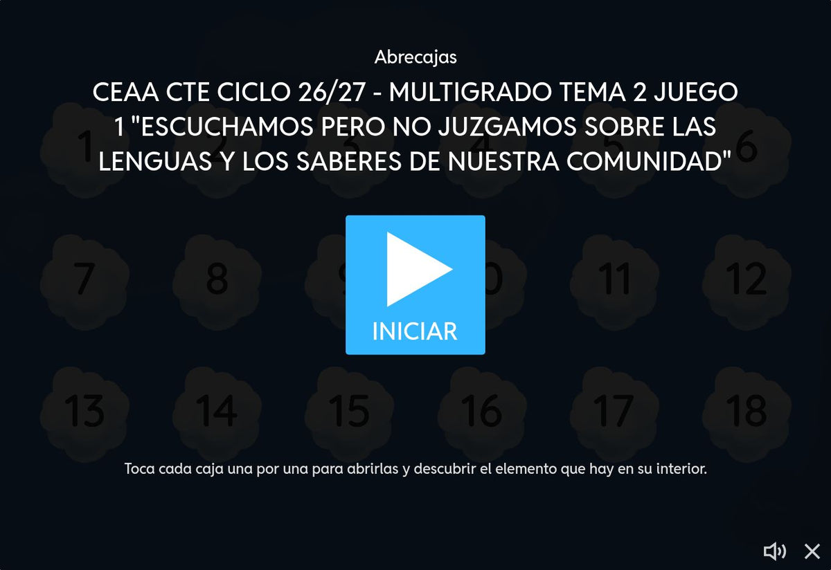 Pantalla de inicio del juego 1 del tema 2 de Multigrado: Interculturalidad crítica, lenguas y saberes en escuelas multigrado.