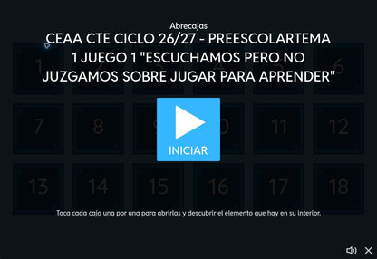 Pantalla de inicio del juego 1, tema 1 de Educación Preescolar: Escuchamos pero no juzgamos sobre jugar para aprender. CTE 2026-2027