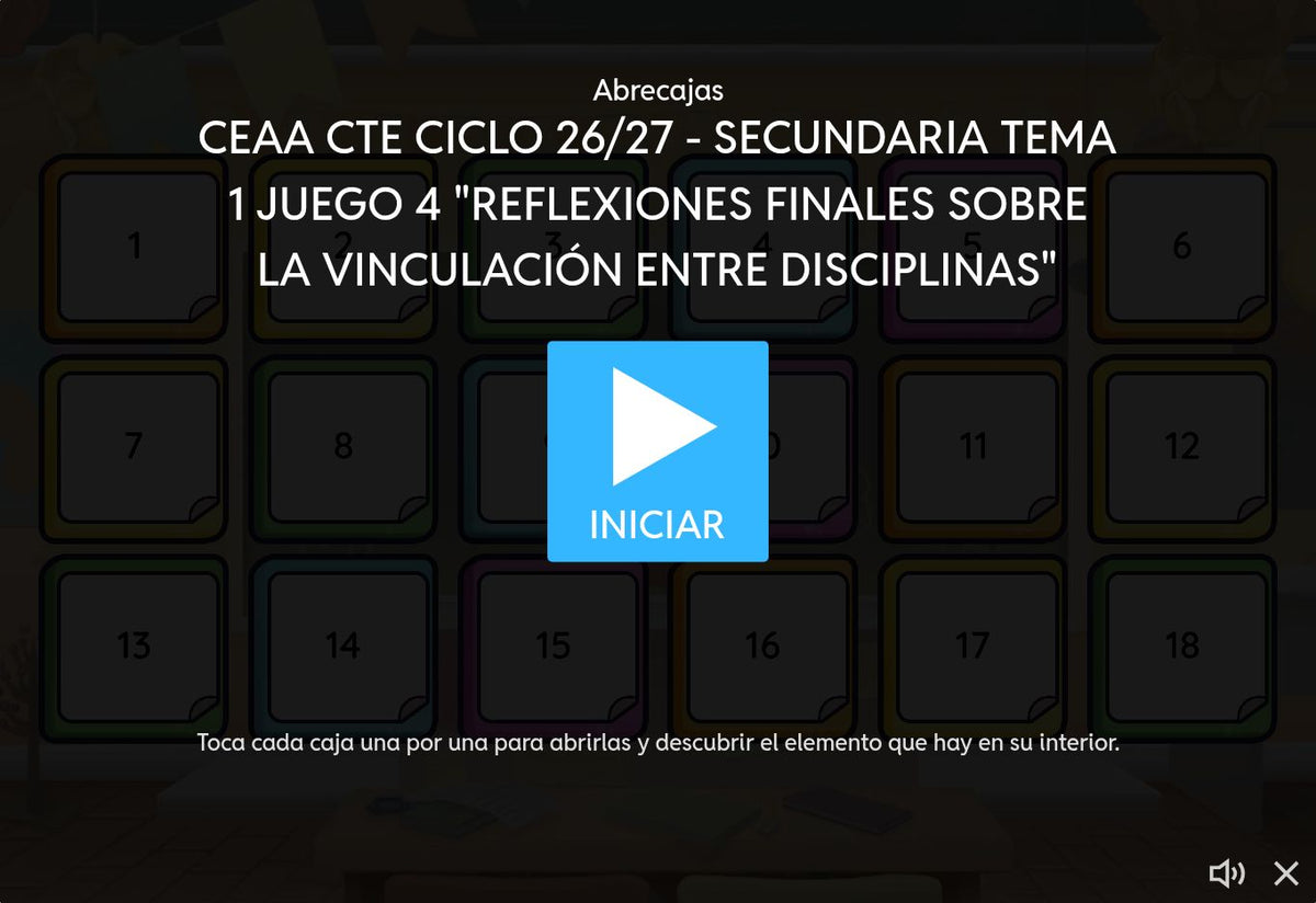 Juego 4 de Secundaria Tema 1: vinculación entre disciplinas. Pantalla de inicio en Wordwall con 18 cajas y botón INICIAR.
