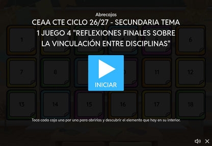 Juego 4 de Secundaria Tema 1: vinculación entre disciplinas. Pantalla de inicio en Wordwall con 18 cajas y botón INICIAR.