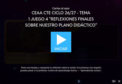 Pantalla inicial del juego 4: Reflexiones finales sobre nuestro plano didáctico, dinámica de cartas al azar.