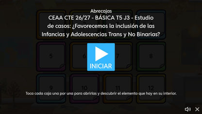 Pantalla de inicio del juego 3 de 4. Educación Básica, tema 5, CTE 2026-2027.