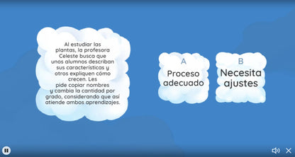 Actividad del juego 3 de Multigrado, tema 4: caso de la profesora Celeste sobre actividades diferenciadas para estudiar las plantas.