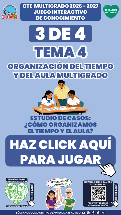 Portada del juego 3 de Multigrado, tema 4: Estudio de casos: ¿Cómo organizamos el tiempo y el aula? CTE 2026-2027.