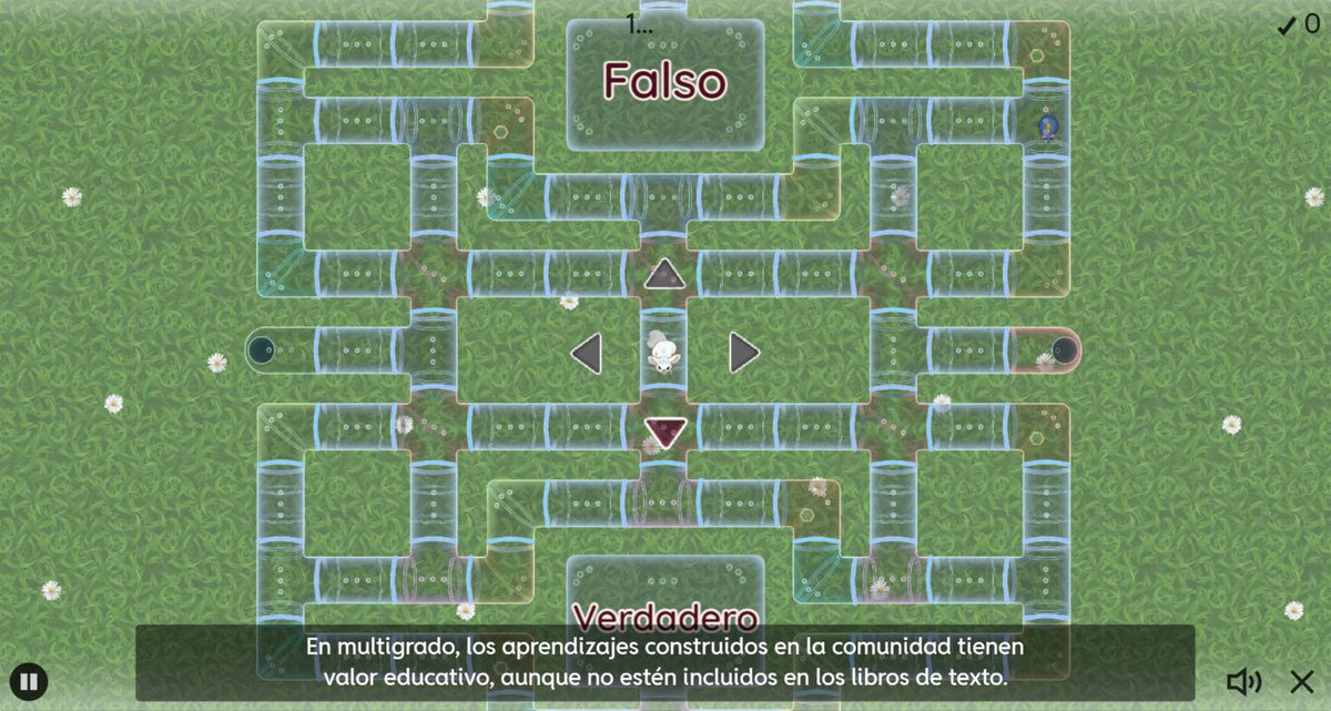 Actividad del juego 2 de Multigrado, tema 5: laberinto de verdadero o falso sobre el valor educativo de los aprendizajes comunitarios.