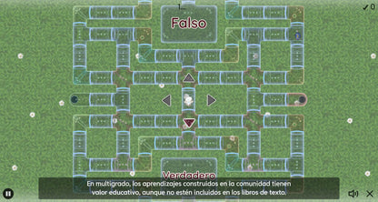 Actividad del juego 2 de Multigrado, tema 5: laberinto de verdadero o falso sobre el valor educativo de los aprendizajes comunitarios.