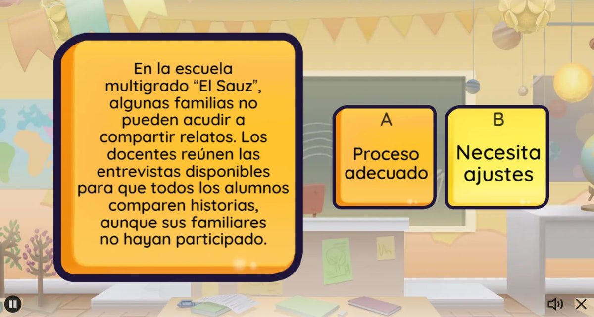 Actividad del juego 3 de Multigrado, tema 5: caso de la escuela El Sauz sobre entrevistas e historias de las familias.