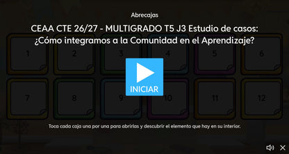 Pantalla de inicio del juego 3 de Multigrado, tema 5: Estudio de casos: ¿Cómo integramos a la comunidad en el aprendizaje? CTE 2026-2027.