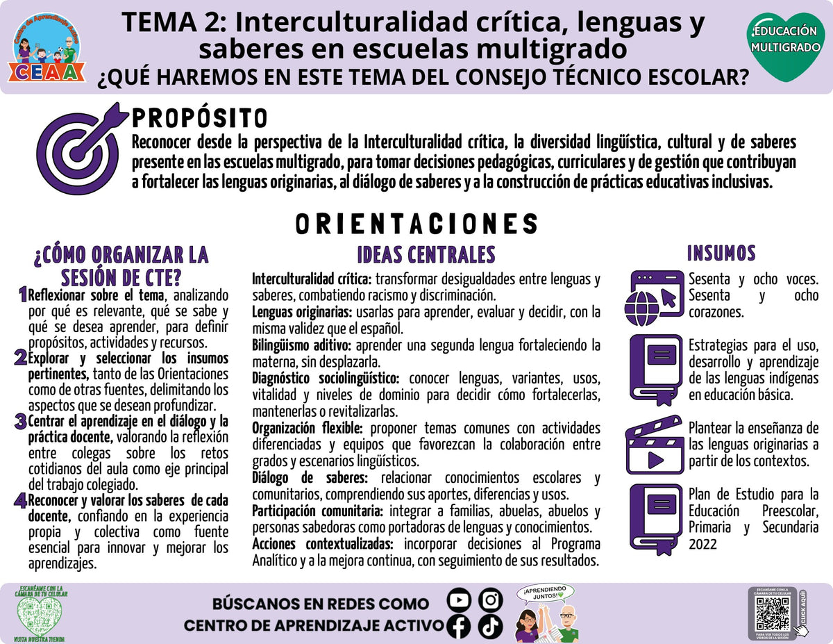 Infografía: ¿Qué haremos en el CTE? Interculturalidad crítica, lenguas y saberes en PDF | Multigrado Tema 2 2026-2027