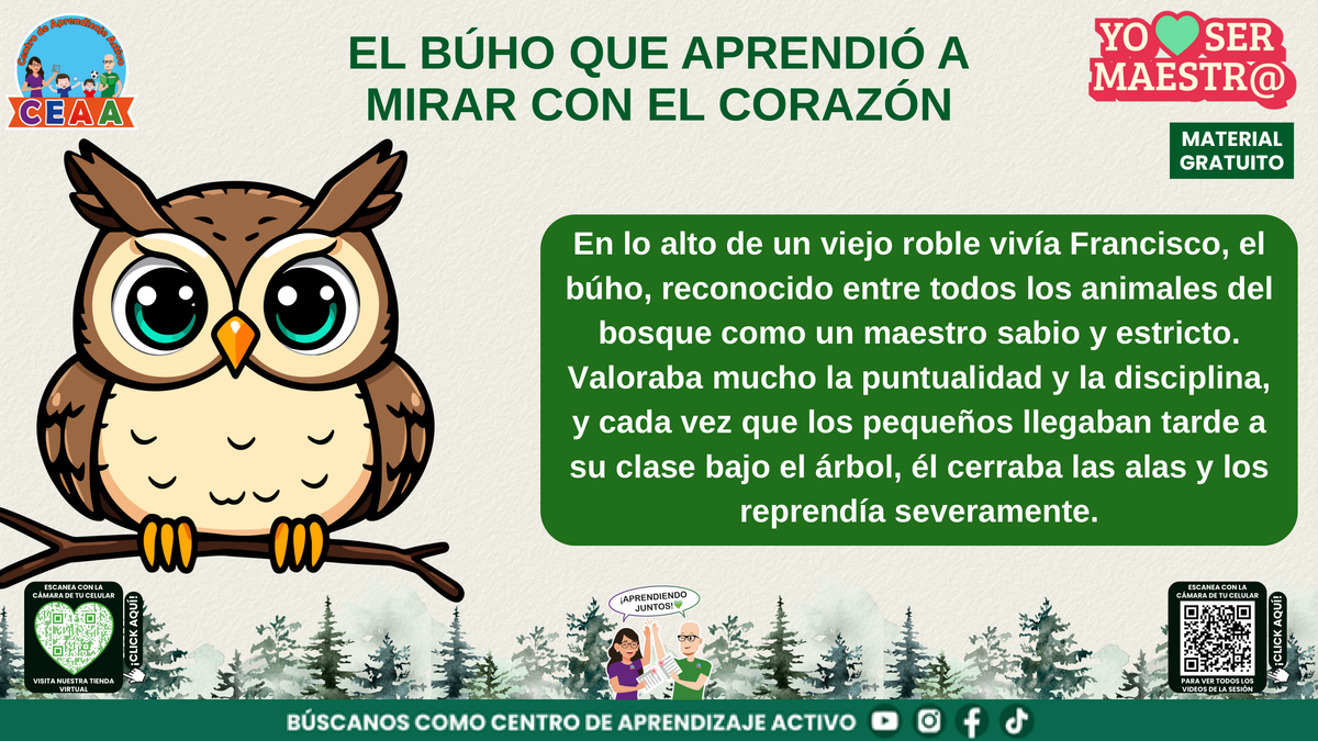 Francisco, el búho maestro, enseña a los animales bajo un viejo roble.