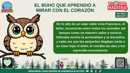 Francisco, el búho maestro, enseña a los animales bajo un viejo roble.