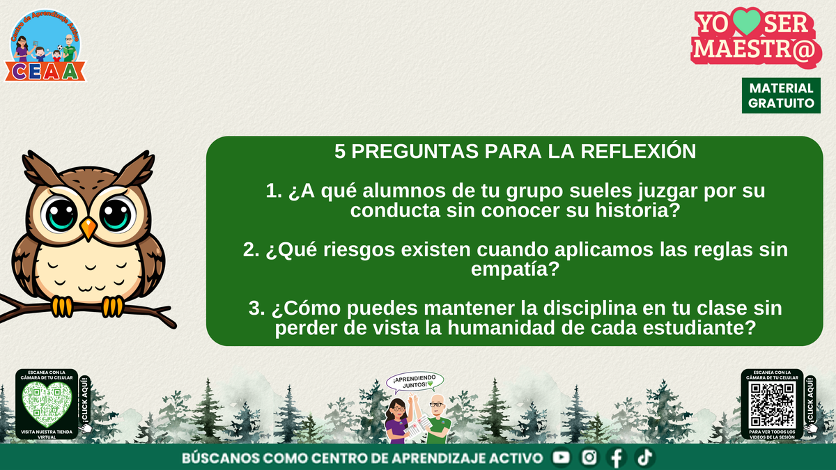 Preguntas de reflexión docente sobre empatía, historia de los alumnos y disciplina.
