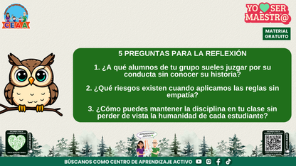 Preguntas de reflexión docente sobre empatía, historia de los alumnos y disciplina.