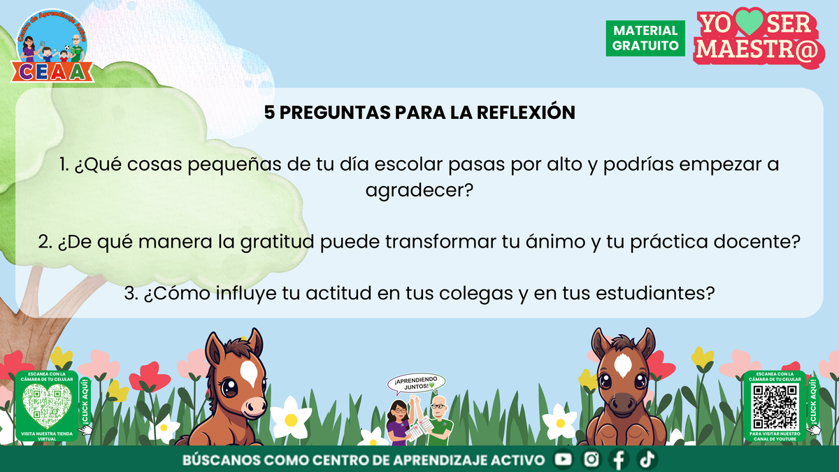 Preguntas para reflexionar sobre gratitud, ánimo y actitud en la jornada escolar.
