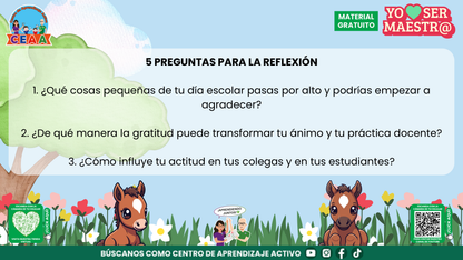 Preguntas para reflexionar sobre gratitud, ánimo y actitud en la jornada escolar.
