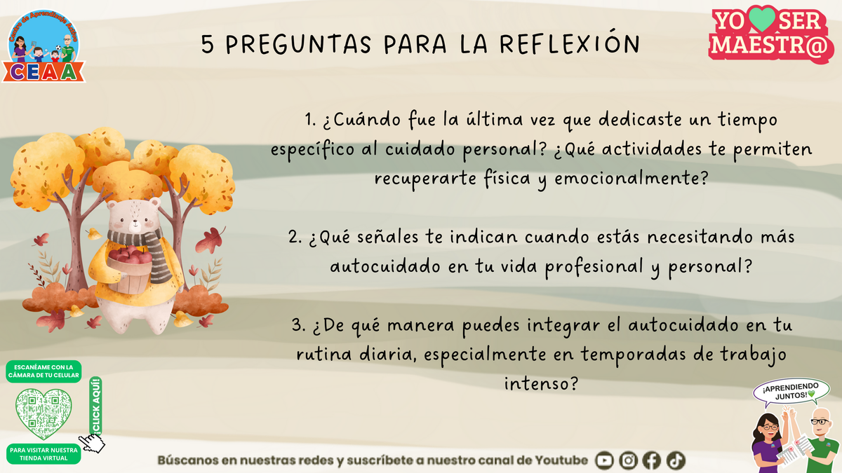 Preguntas para reflexionar sobre el descanso y el autocuidado docente.